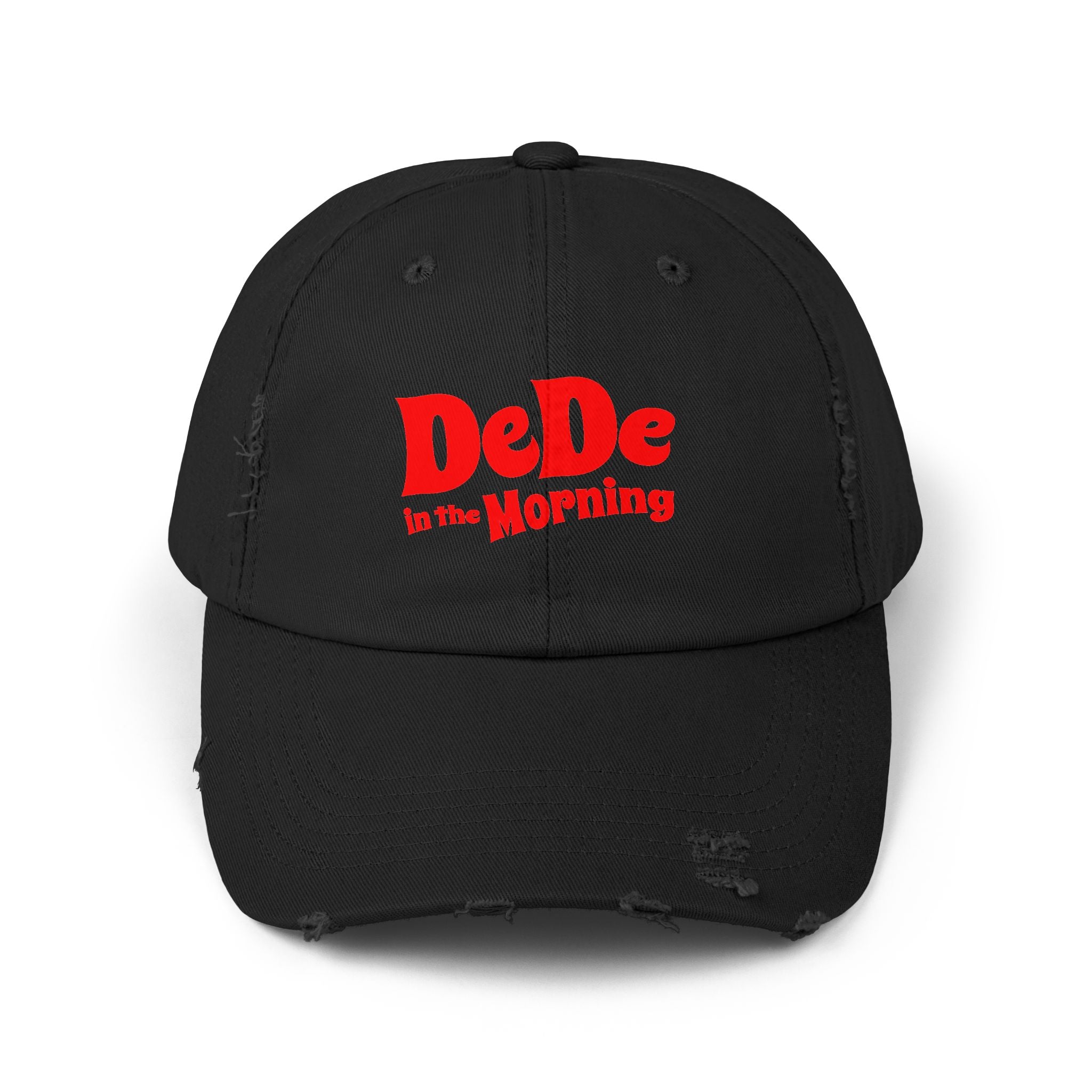 Distressed Baseball Cap — "DeDe in the Morning" Red Script Hat