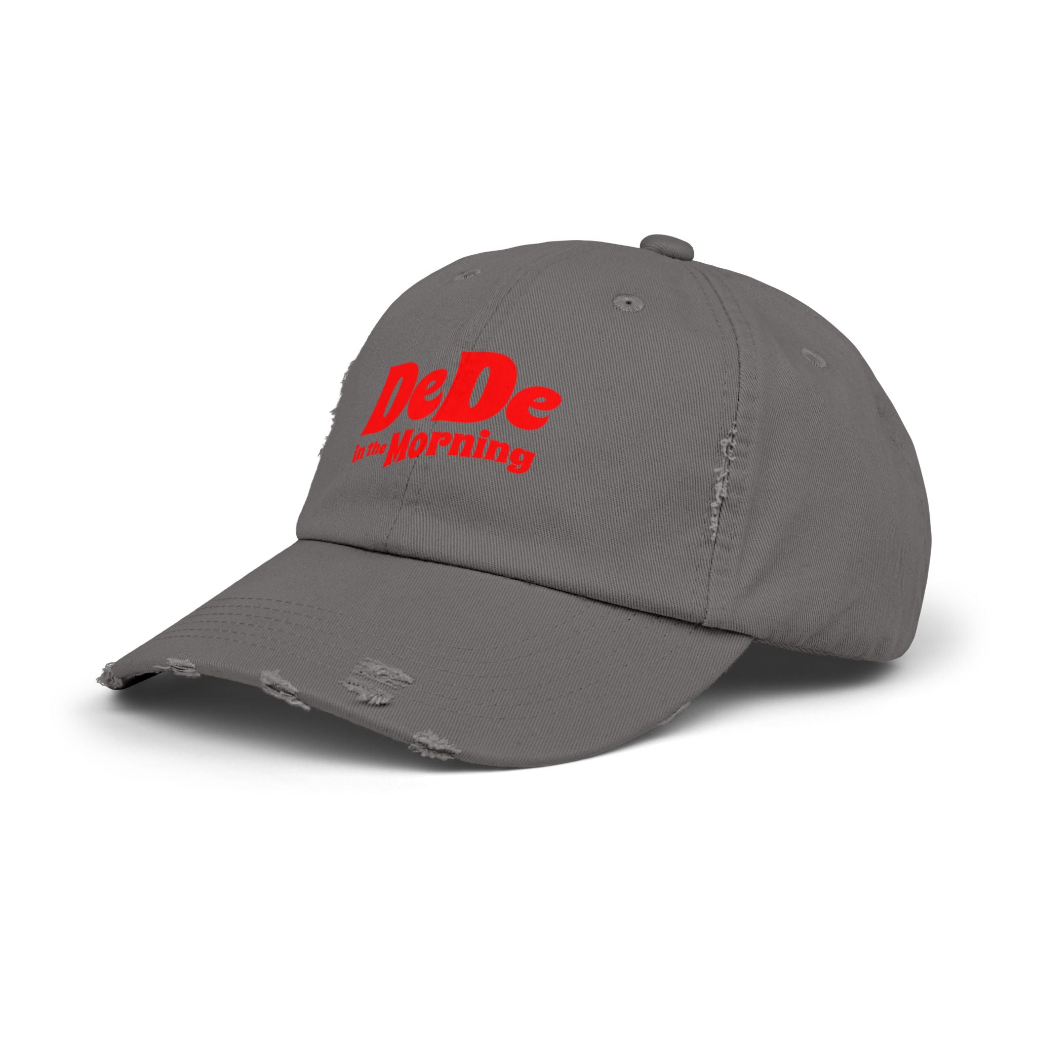 Distressed Baseball Cap — "DeDe in the Morning" Red Script Hat