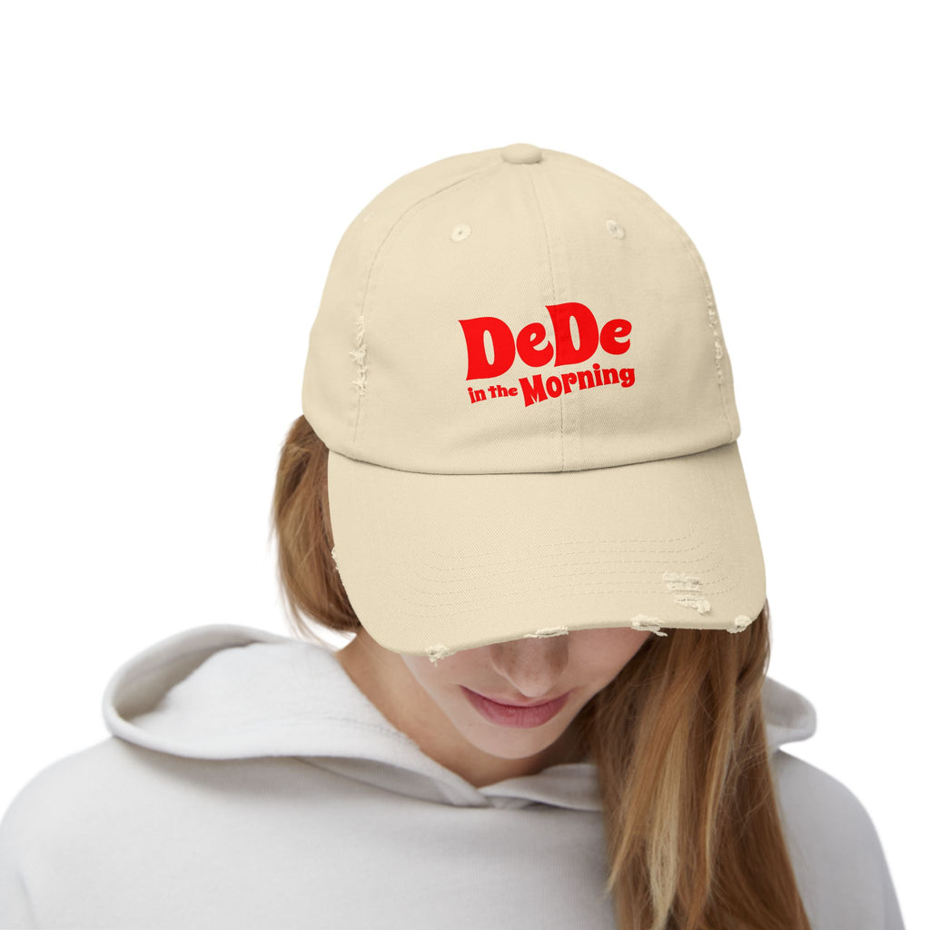 Distressed Baseball Cap — "DeDe in the Morning" Red Script Hat