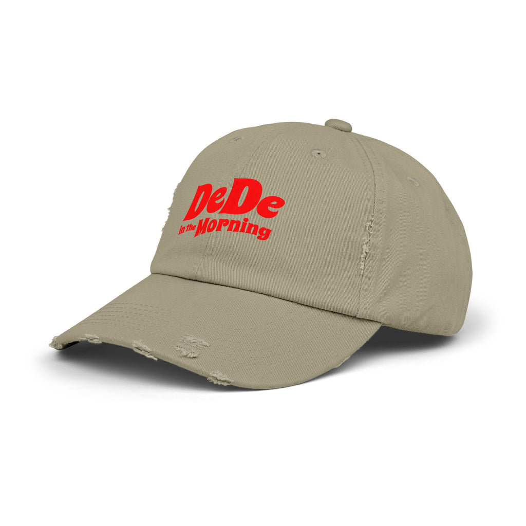 Distressed Baseball Cap — "DeDe in the Morning" Red Script Hat