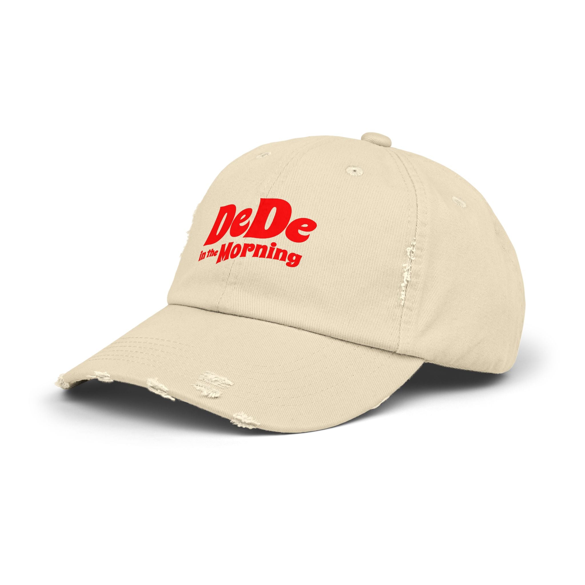 Distressed Baseball Cap — "DeDe in the Morning" Red Script Hat