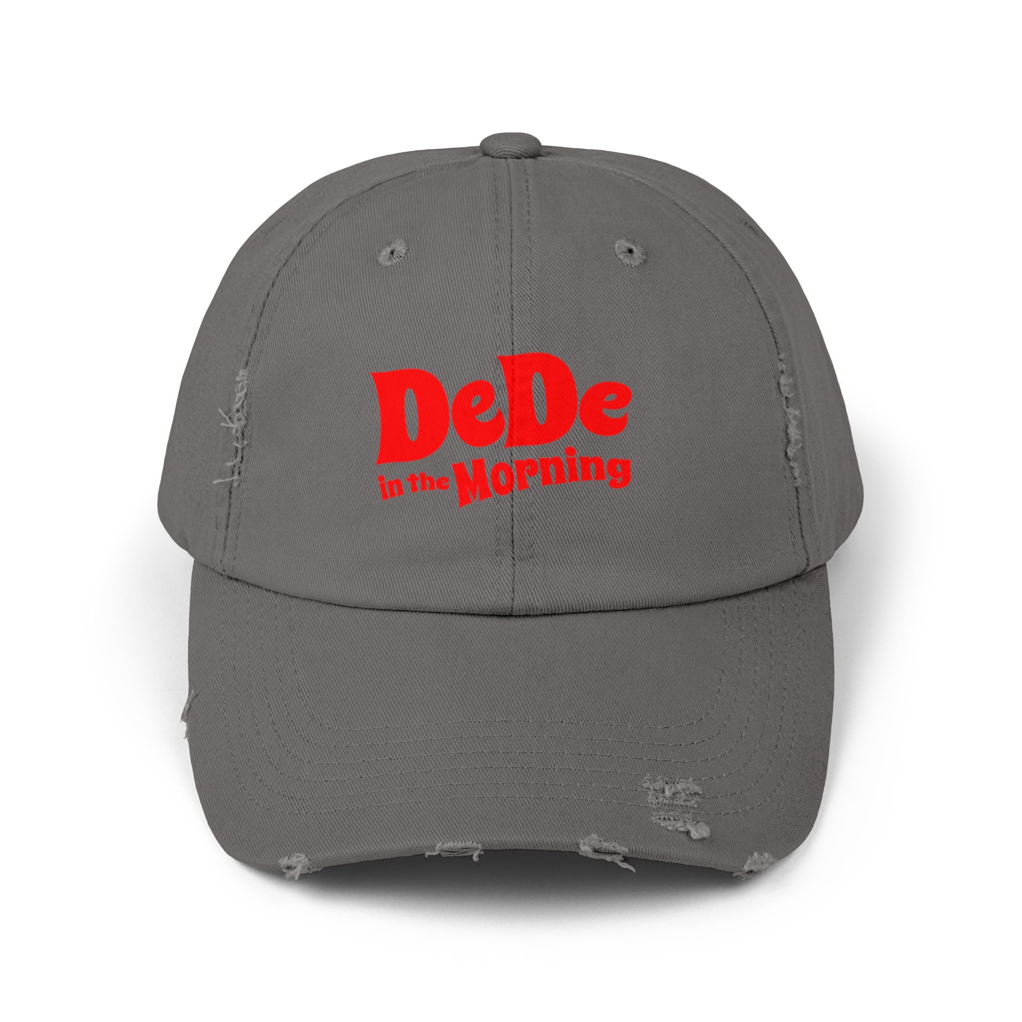 Distressed Baseball Cap — "DeDe in the Morning" Red Script Hat