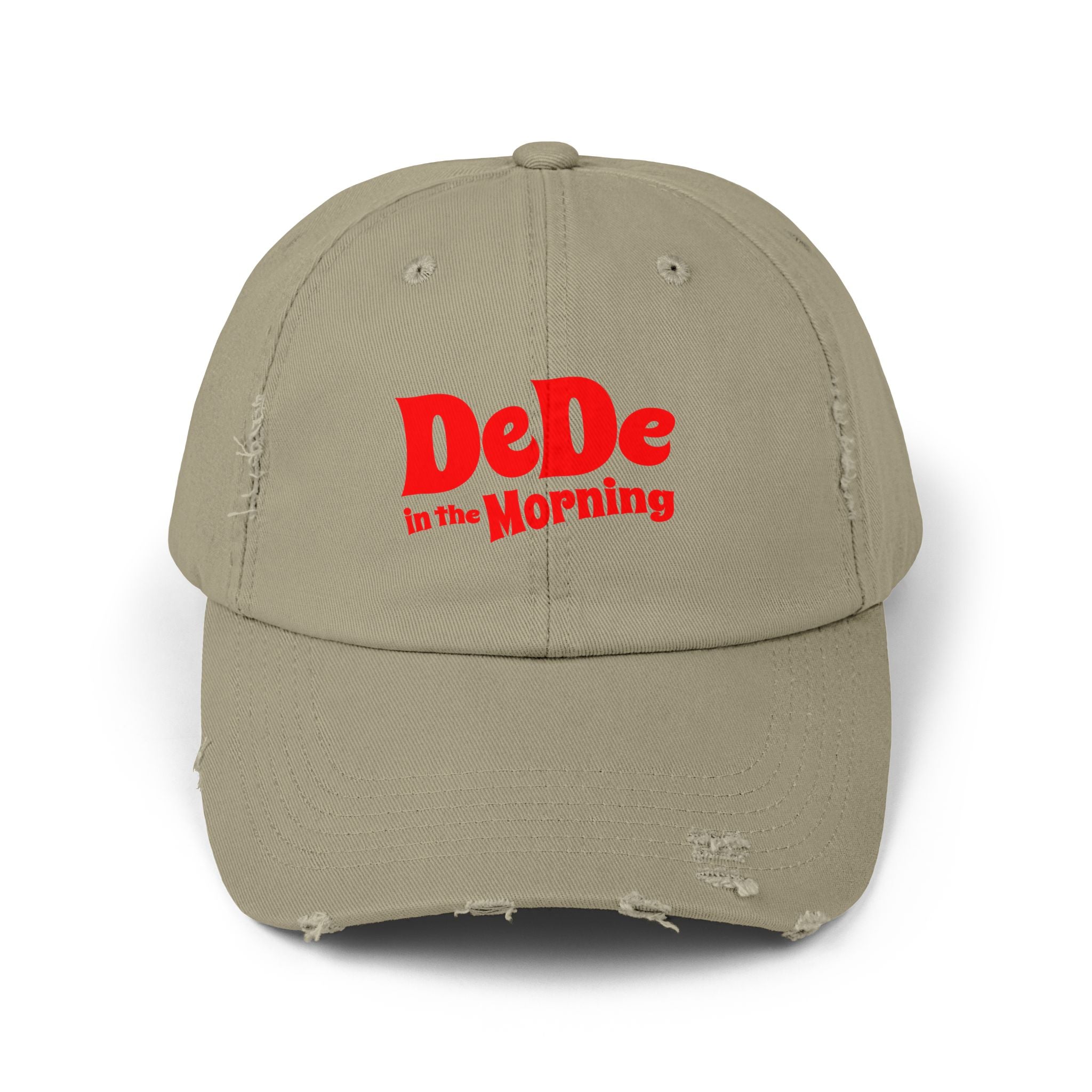 Distressed Baseball Cap — "DeDe in the Morning" Red Script Hat