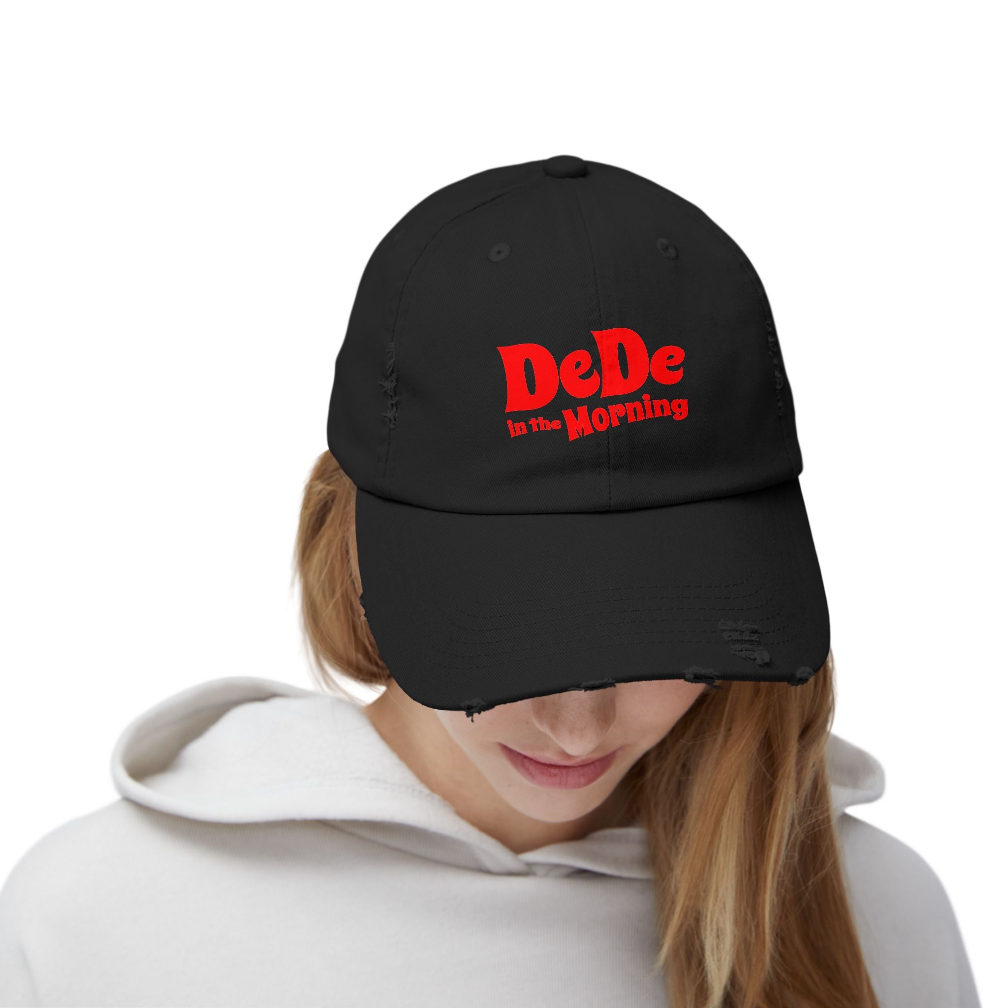 Distressed Baseball Cap — "DeDe in the Morning" Red Script Hat