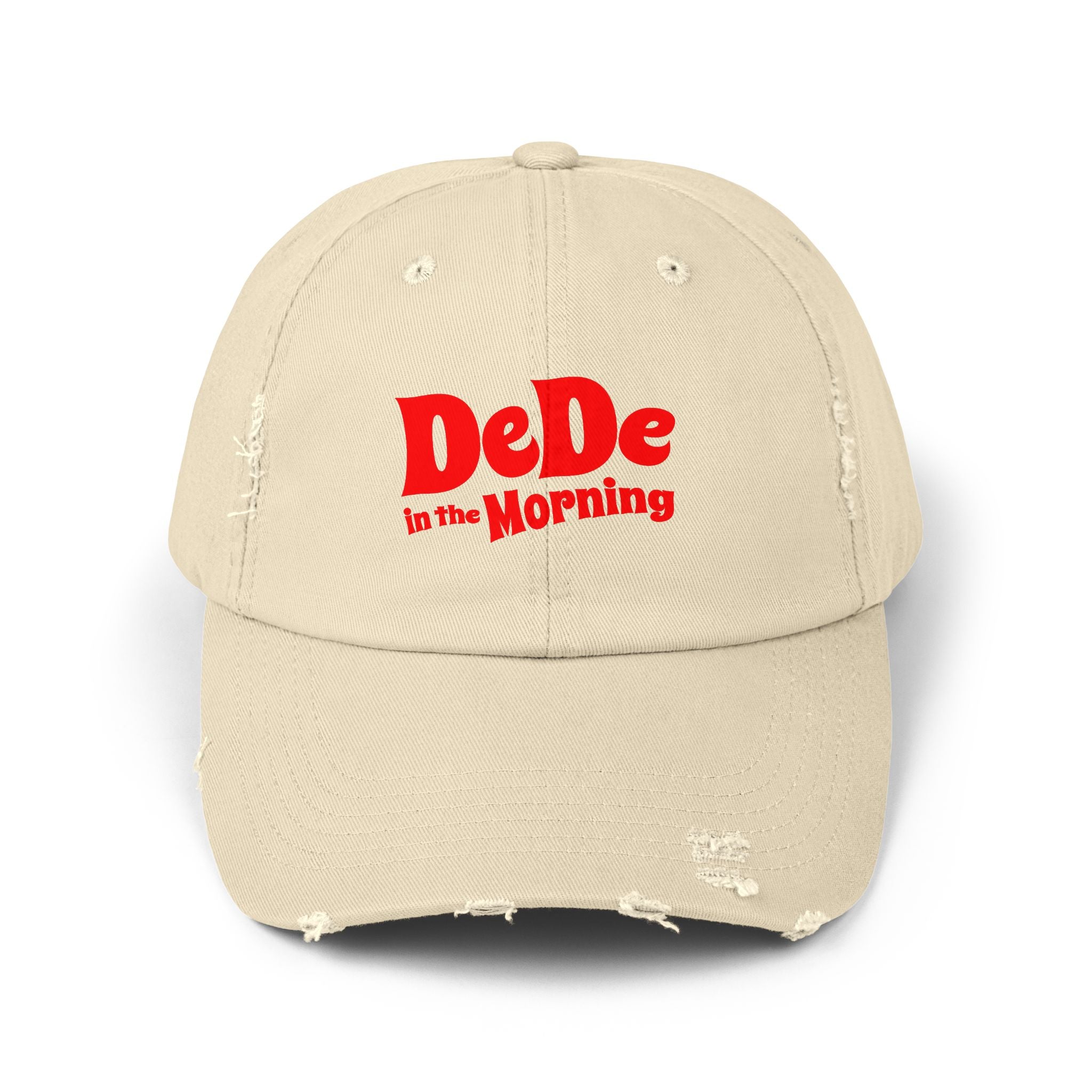 Distressed Baseball Cap — "DeDe in the Morning" Red Script Hat
