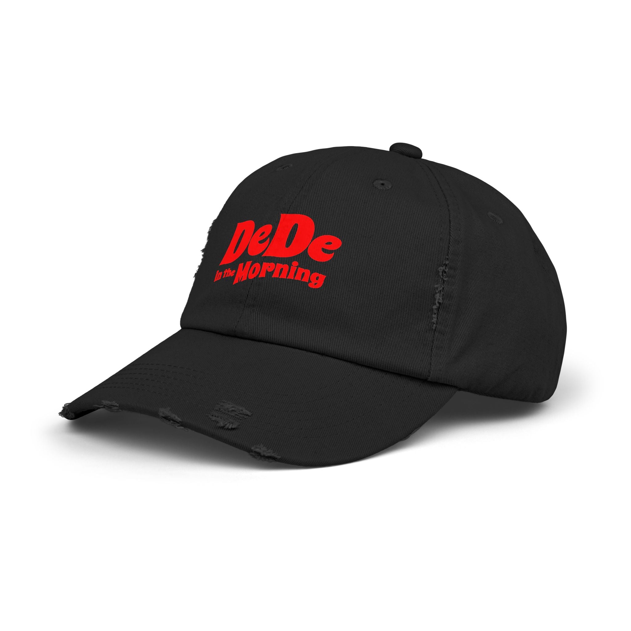 Distressed Baseball Cap — "DeDe in the Morning" Red Script Hat